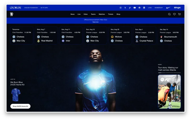 Chelsea FC website with the season fixtures and a player portrait