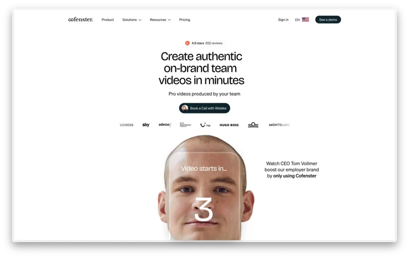 Cofenster website with a product headline and video portrait