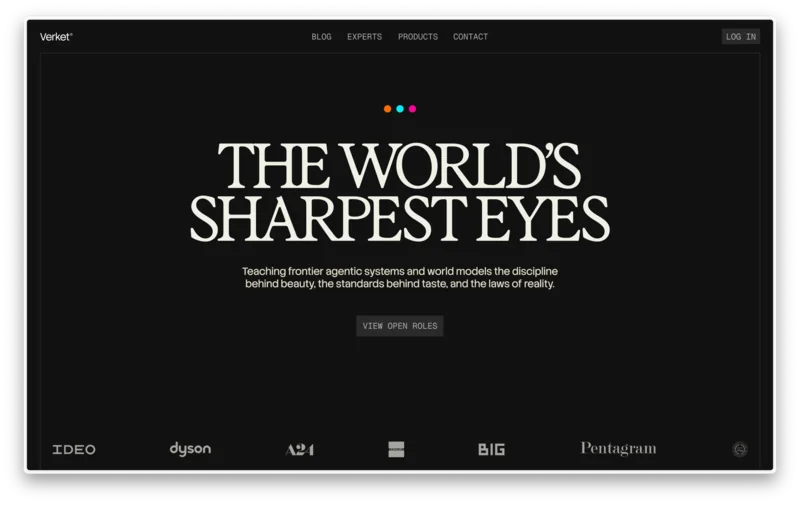 Verket experts landing page with a large editorial headline on black