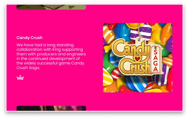 Dashy Studios Candy Crush project shown on a vivid pink page
