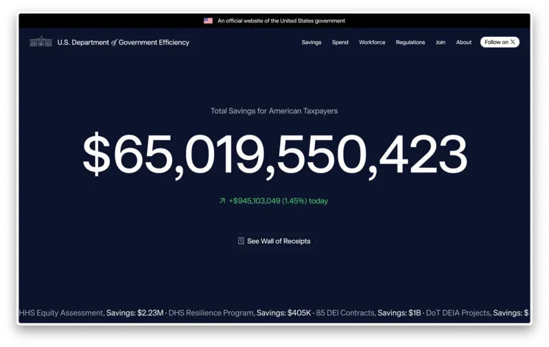 D.O.G.E. website concept showing a government savings dashboard