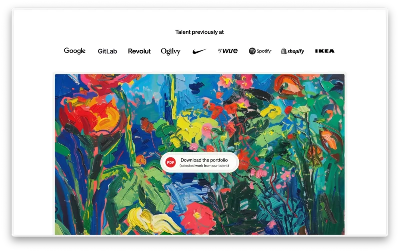 Talent Portfolio page with former employers and a colorful painting