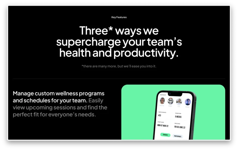 Sprintcrowd features page with a phone mockup on a green panel